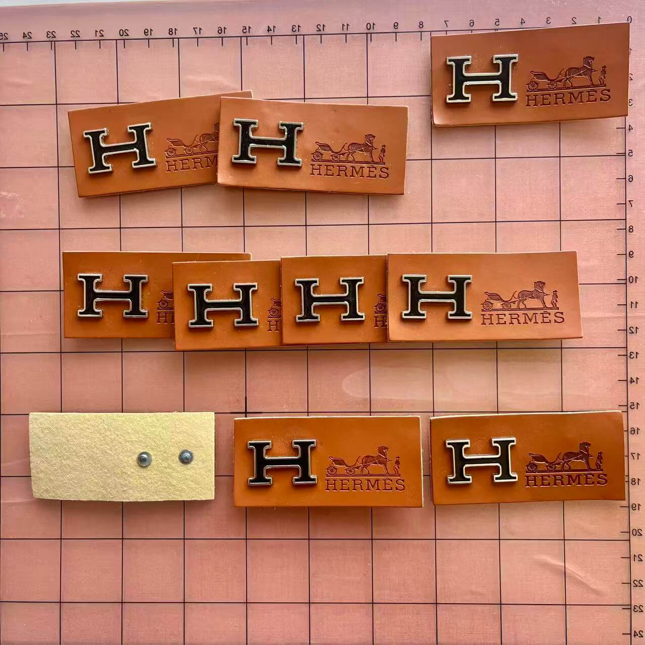 Sew-on Patches- classic orange leather e'mez label with metal H*10 pcs