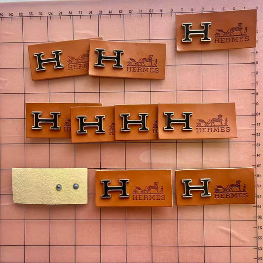 Sew-on Patches- classic orange leather e'mez label with metal H*10 pcs