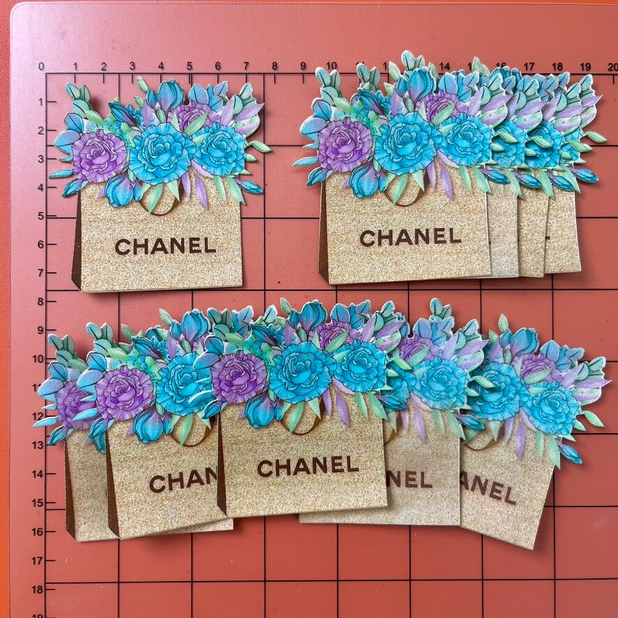 Iron-on Patches- blue flower in golden bag*10 pcs