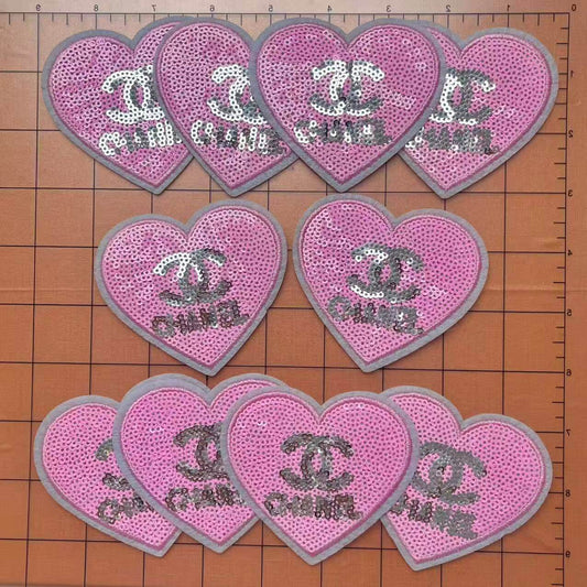 Iron-on Bling Patches-8.5cm pink sequin cc heart*10 pcs