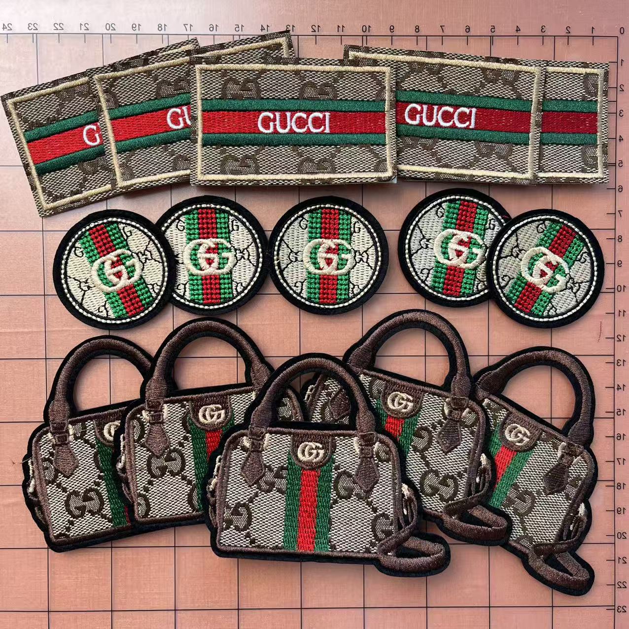 Iron-on Patches- gg 8cm label & 5cm round & 8cm purse combo*15 pcs