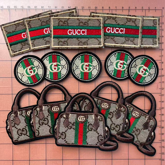 Iron-on Patches- gg 8cm label & 5cm round & 8cm purse combo*15 pcs
