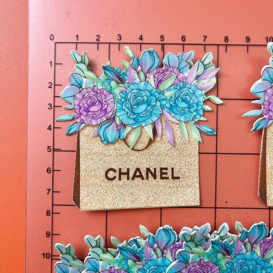 Iron-on Patches- blue flower in golden bag*10 pcs