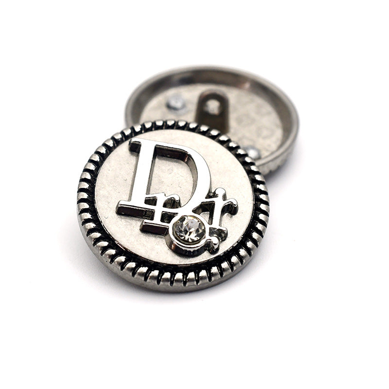 DIY Decorative Buttons – Sewing Silver D with Rhinestone – 9 Pcs – 18/25mm