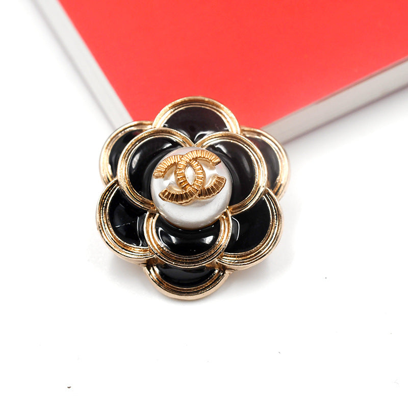 DIY Decorative Buttons – Sewing Black Golden Camellia – 9 Pcs – 25 mm